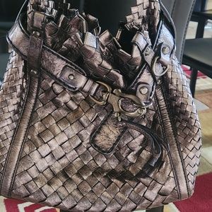 Francesco Biasia Gray Silver Hobo Bag with Woven Design